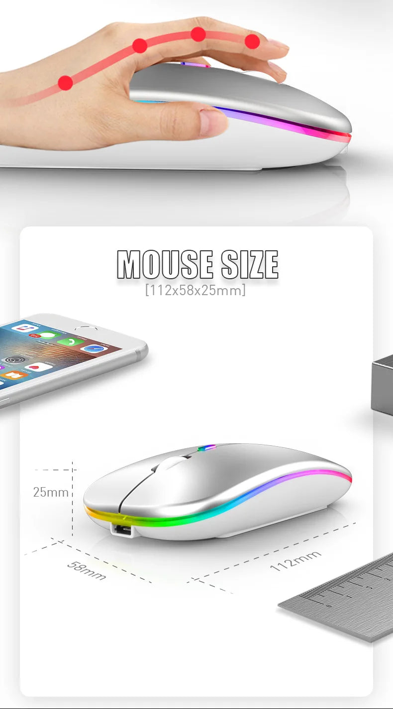 Souris sans fil double mode HOMEFISH PHONEPACE, Bluetooth 2,4 GHz, rechargeable, silencieuse, rétroéclairage LED, optique, pour PC et ordinateur portable