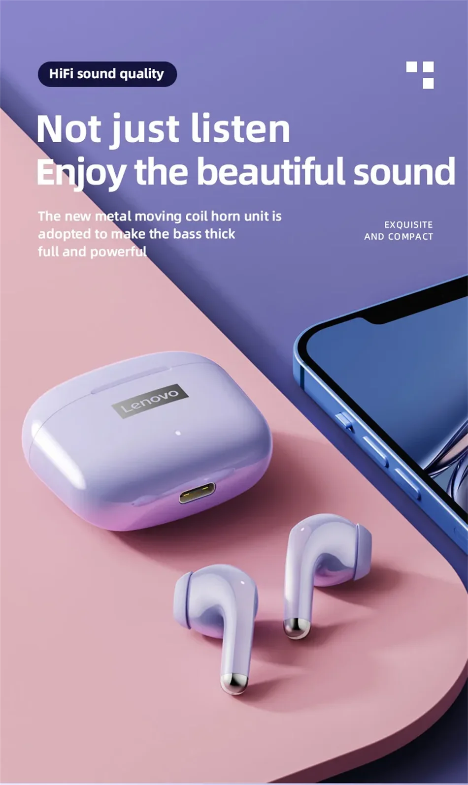 Nouveaux écouteurs Lenovo LP40 Pro TWS Bluetooth 5.3 à connexion rapide, design ergonomique et transmission rapide.