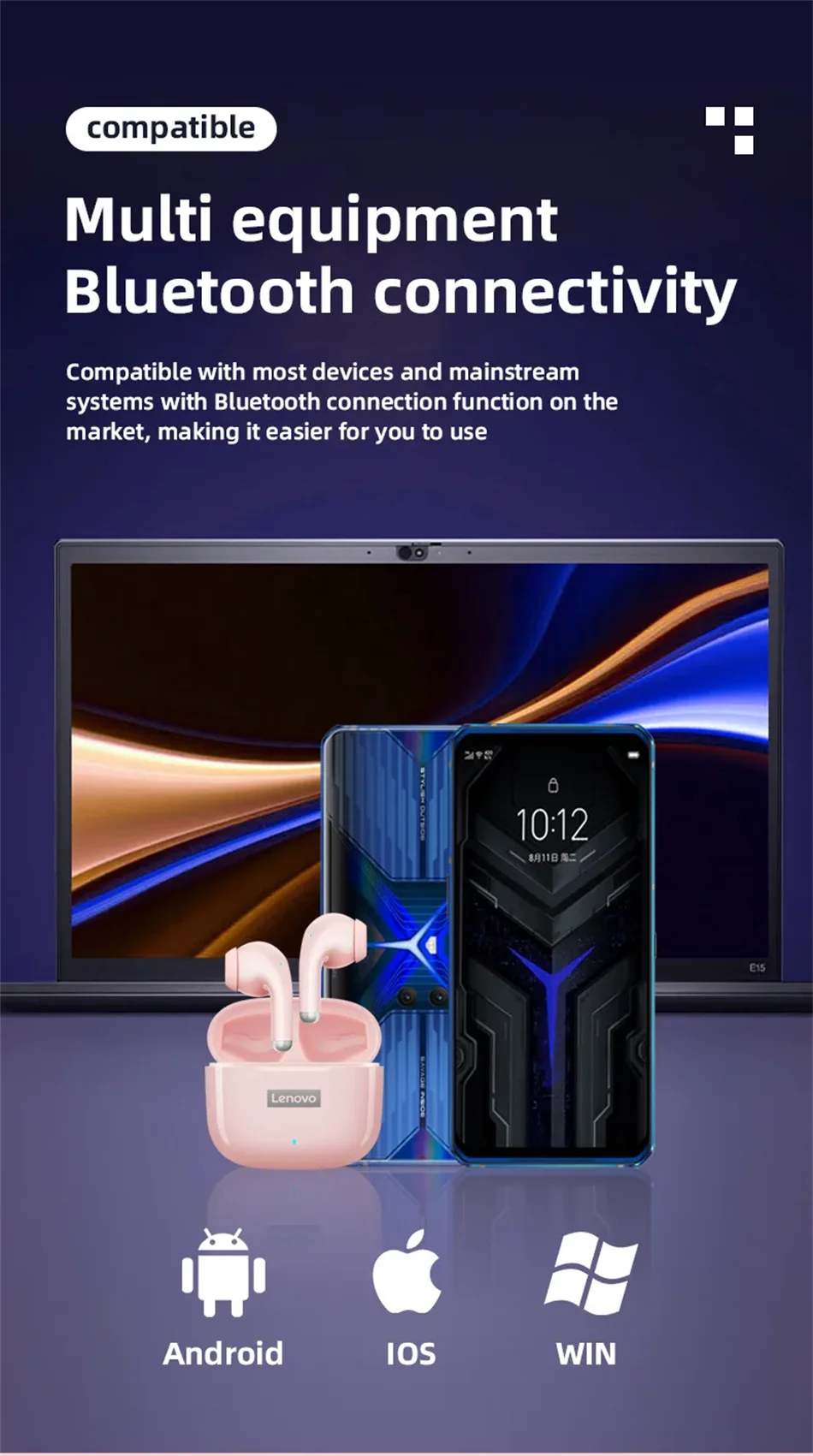 Nouveaux écouteurs Lenovo LP40 Pro TWS Bluetooth 5.3 à connexion rapide, design ergonomique et transmission rapide.