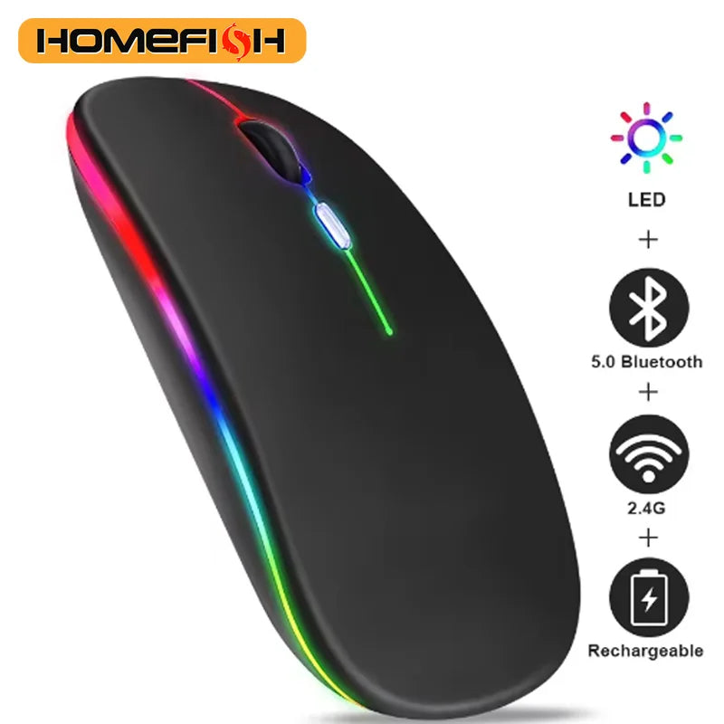 Souris sans fil double mode HOMEFISH PHONEPACE, Bluetooth 2,4 GHz, rechargeable, silencieuse, rétroéclairage LED, optique, pour PC et ordinateur portable